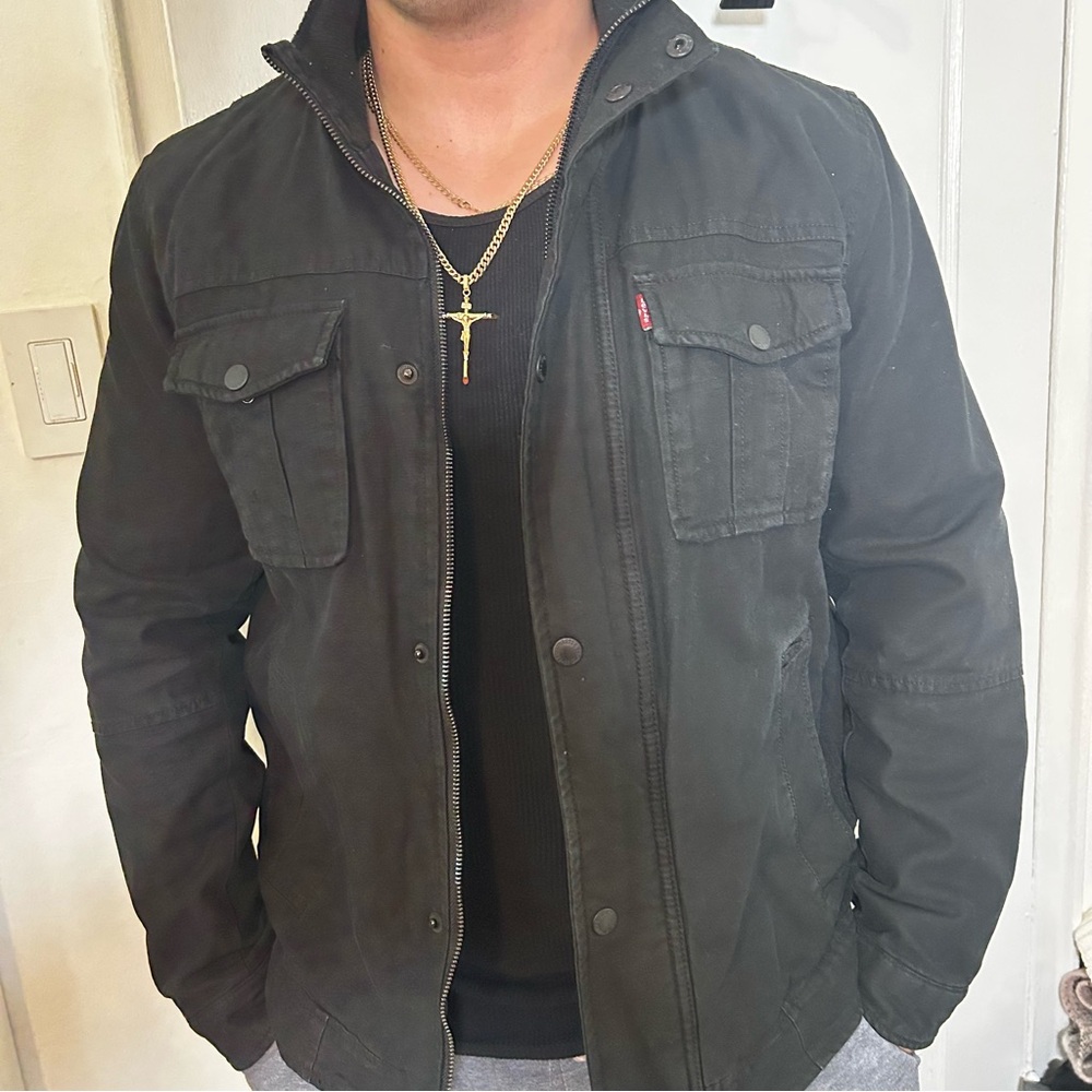 Levi’s Jacket Mens M Black Canvas Military Full Zip Quilted lined Pockets